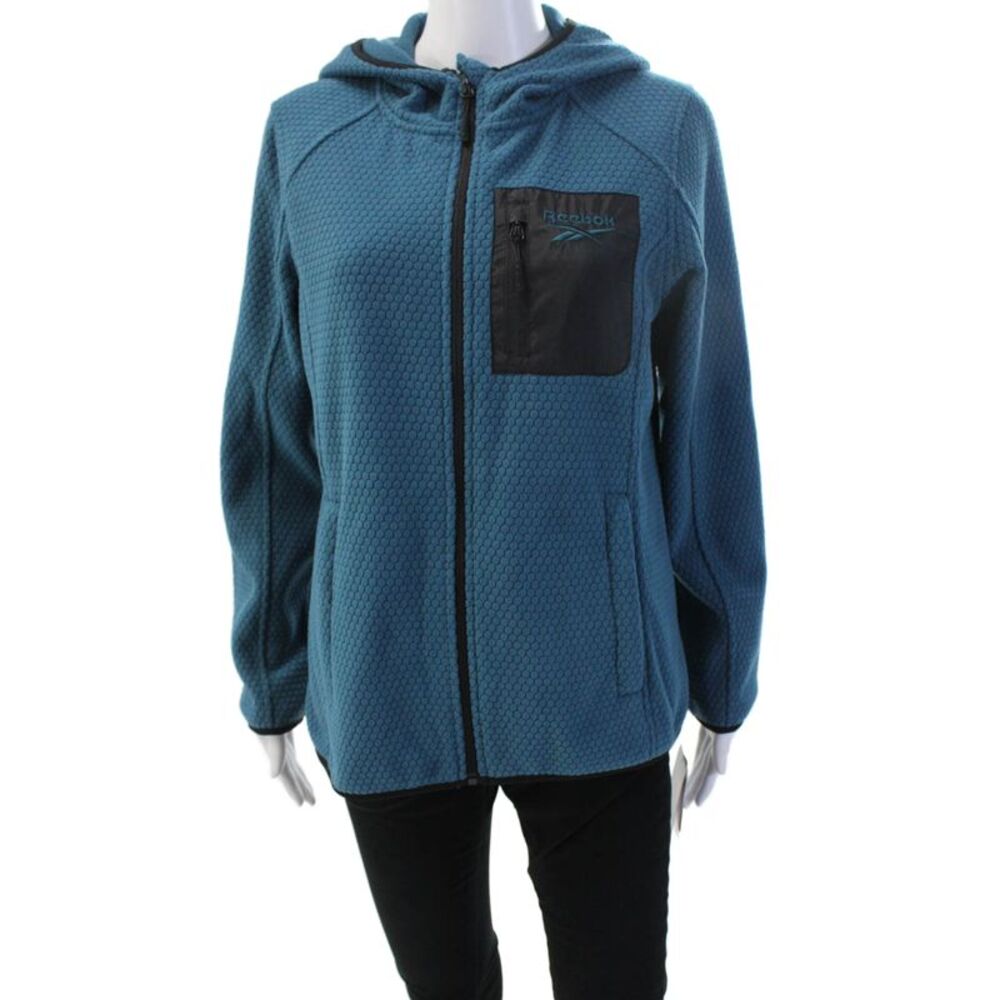 Reebok Women Full-Zip Hoodies Blue Geometric Polyester Long Sleeve Size S